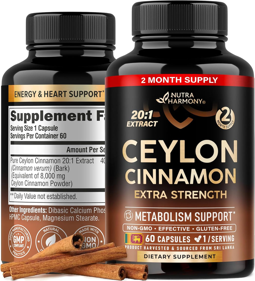 Ceylon Cinnamon Capsules - Extra Strength - Energy Heart & Metabolism Support for Men & Women - Pure Natural Cinnamon 20:1 Extract Supplement - GMO & Gluten Free - Made in USA - 60 Capsules 2 Month