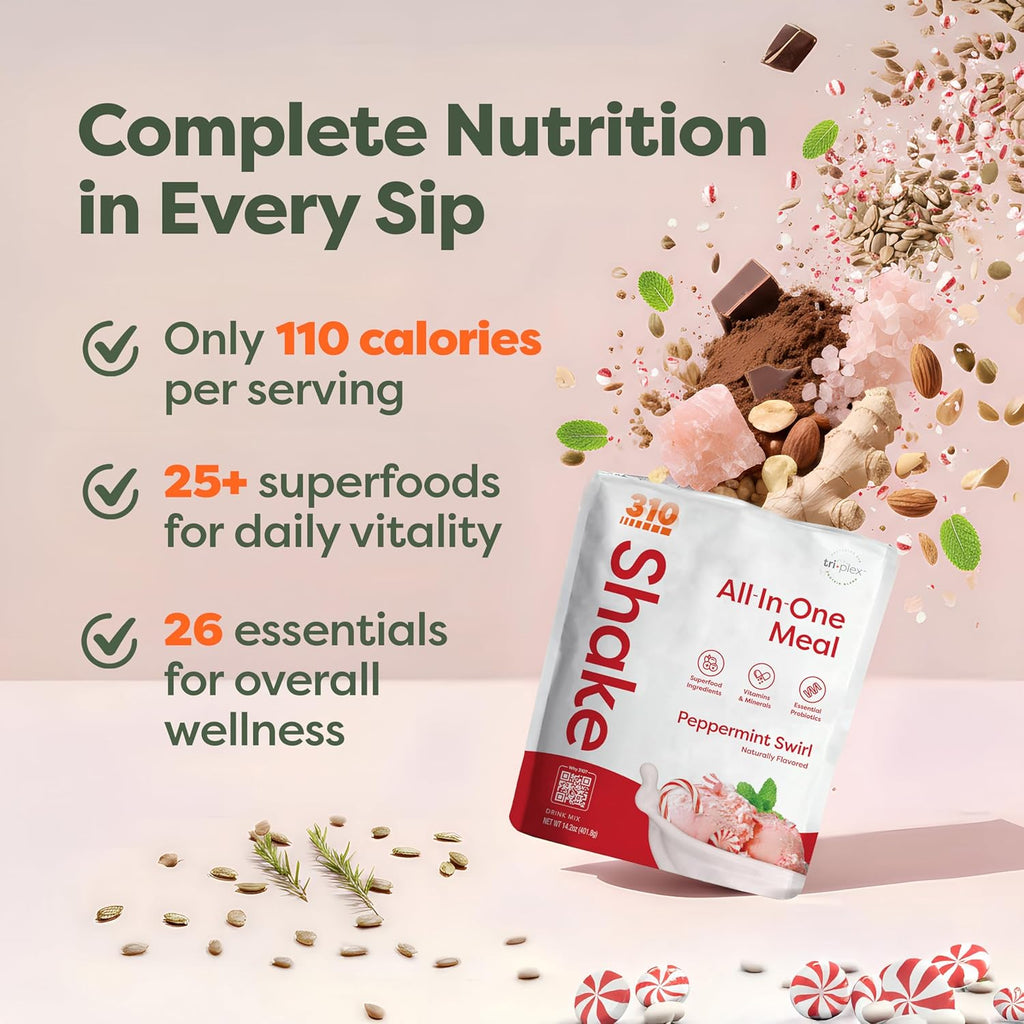 310 Nutrition All-in-One Meal Replacement Shake - Plant-Based Protein Powder with Triplex Proteins, Probiotics, Digestive Enzymes & Superfoods - Vegan, Low Carb, Keto & Paleo Friendly - Peppermint Swirl - 14 Servings