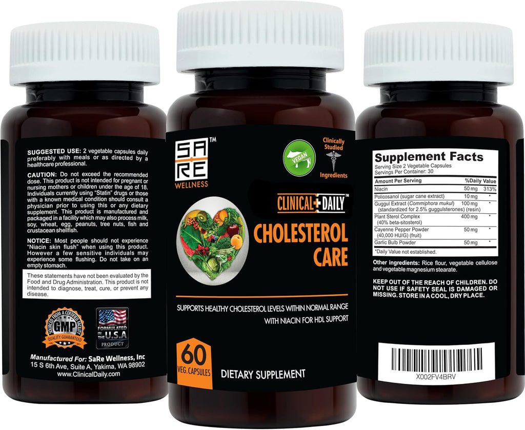 Clinical Daily Cholesterol Care Supplement. Vegan Cholesterol and Triglyceride Supplements. Plant Sterols Supplements Cholesterol Support with Guggul, Garlic, Niacin. 60 Capsules