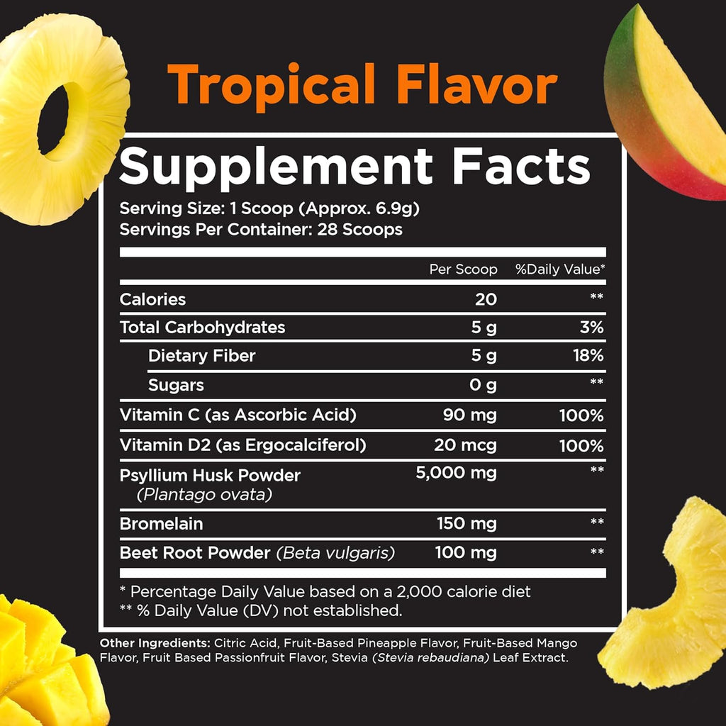 Pinch Magic Sugar Free Fiber Powder – Light Tropical Flavor Psyllium Husk with Bromelain & Vitamins C & D – Vegan, Gluten-Free, Clean Label, USA-Made, GMP-Certified – 28-Day Supply