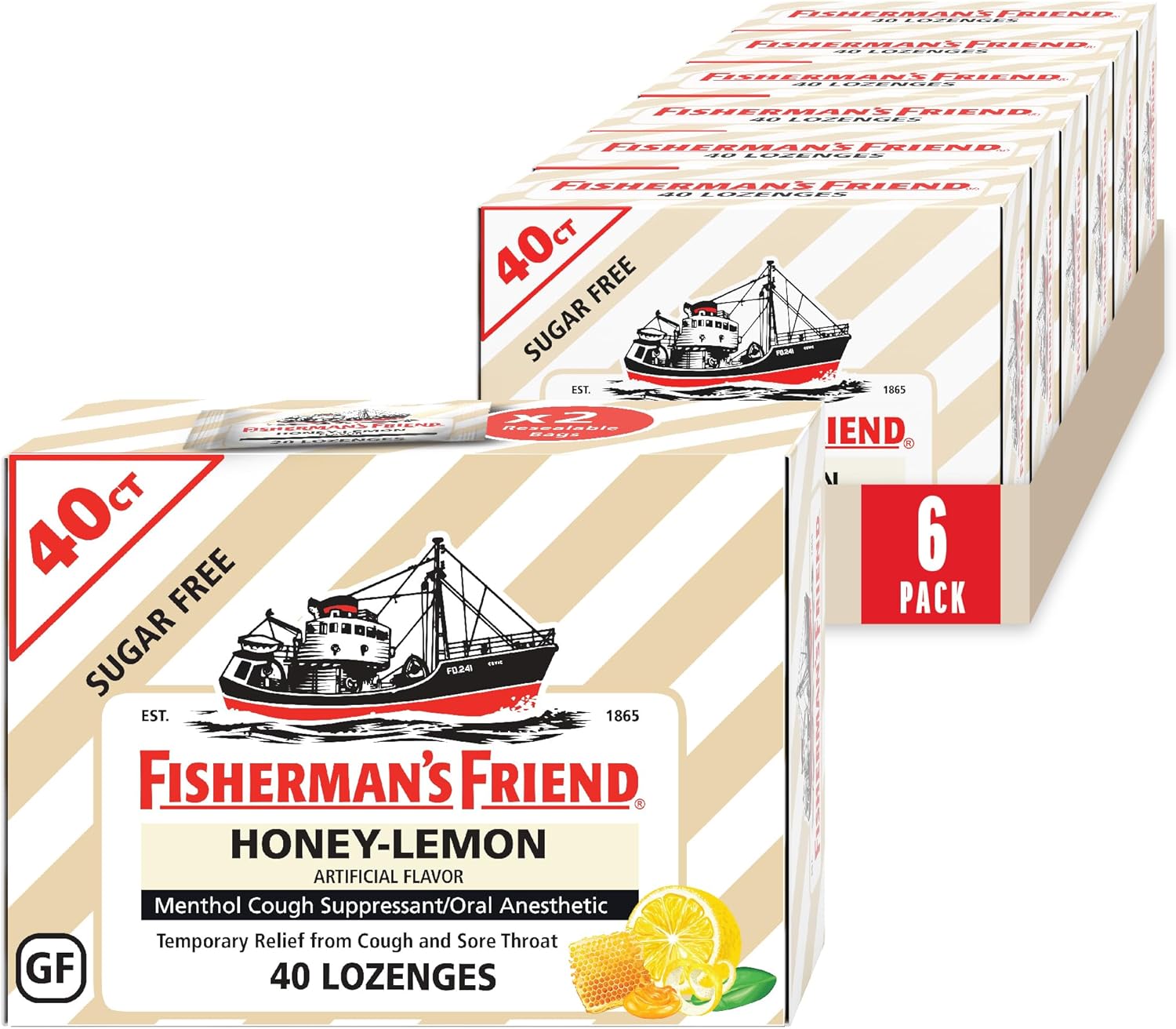 Fisherman's Friend Cough Drops, Cough Suppressant and Sore Throat Lozenges, Sugar Free Honey-Lemon, 5.52mg Menthol, 240 Drops (6 Packs of 40)