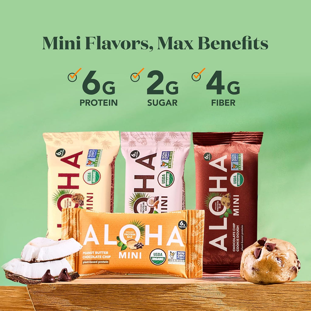 ALOHA Organic Plant Based Protein Bar MINIS | Variety Pack | 20 Count, 24g Bars | Vegan, Low Sugar, Gluten Free, Low Carb, Non-GMO, Stevia Free, Soy Free, No Sugar Alcohols