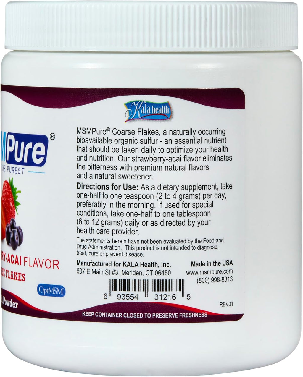 KALA HEALTH MSMPure Strawberry Acai Flavored Coarse MSM Powder Flakes – US-Made MSM for Joint Health, Skin Appearance, and Hair & Nail Support – 1 lb, Organic Sulfur