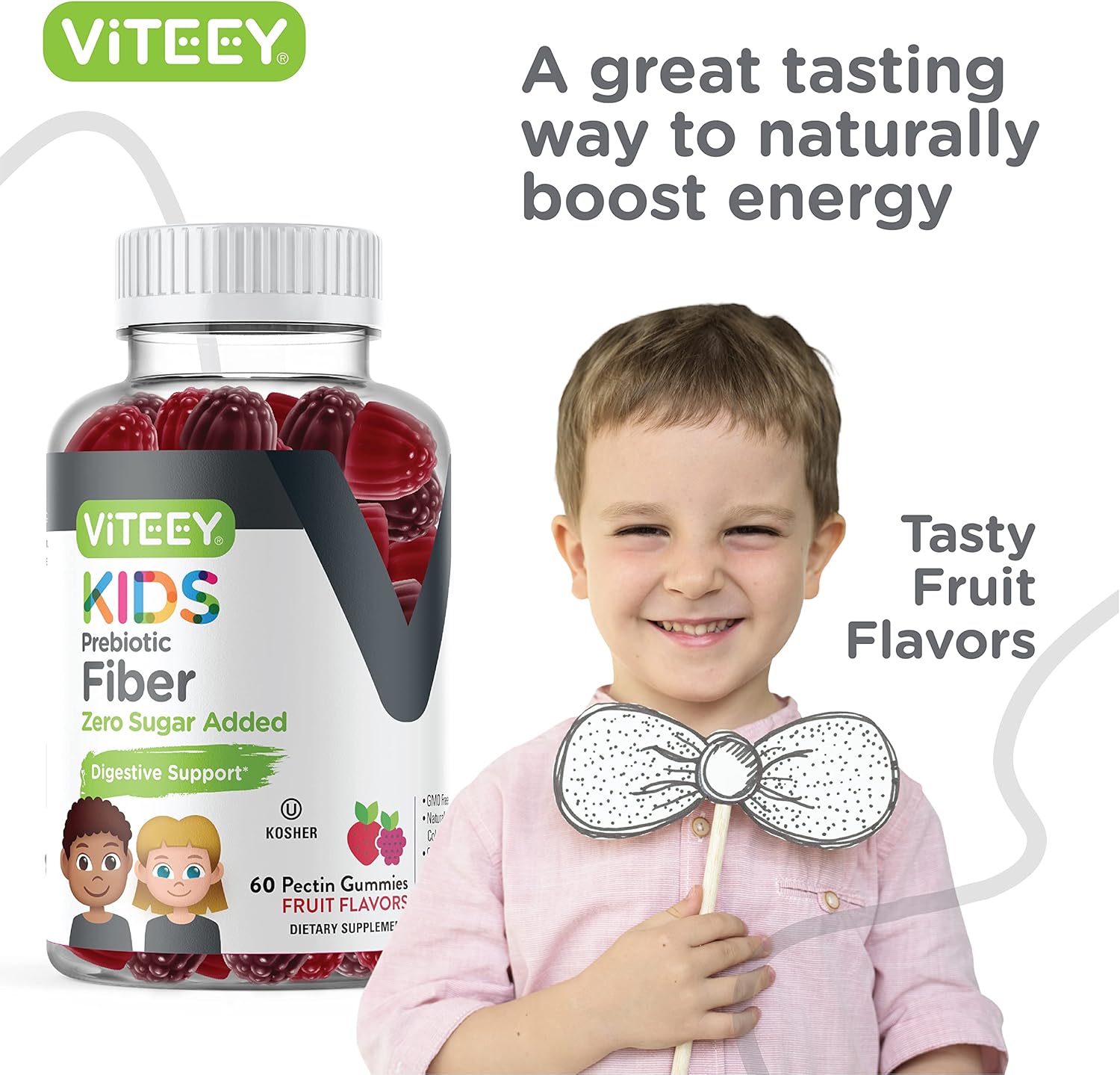 Viteey Prebiotic Kids Fiber for Constipation Relief, Digestive Health Regularity Support, Natural Weight Support - Fiber 4g, Zero Sugar Added, Vegan, Gluten Free - Tasty Chewable Fruit Flavored Gummy