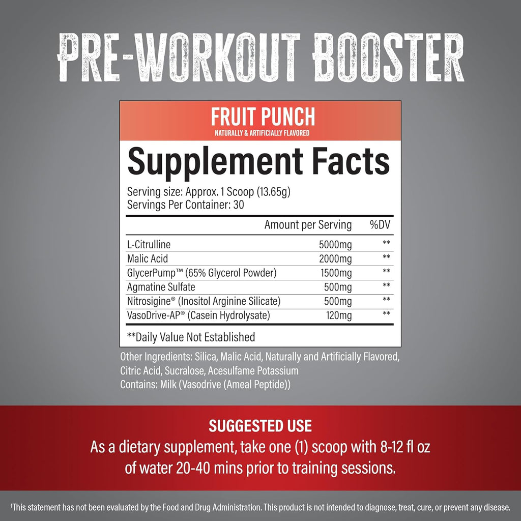 Vigor - Stimulant-Free Nitric Oxide Pre-Workout Powder | L-Citrulline (5000mg), Malic Acid (2000mg), GlycerPump (1500mg)| Fruit Punch| 30 Servings, 13.86g Each | Made in The USA