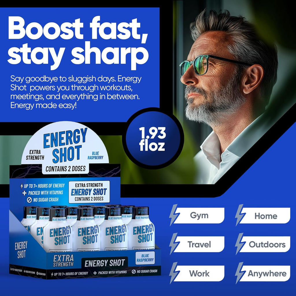 Blue Raspberry Extra Strength Energy Shot 48 pk – 260mg Natural Caffeine B12 B6 – Energy & Focus Support – 2 Servings Sugar Free Zero Calorie Green Tea B-Vitamins Electrolytes Vegan – 1.93 fl oz