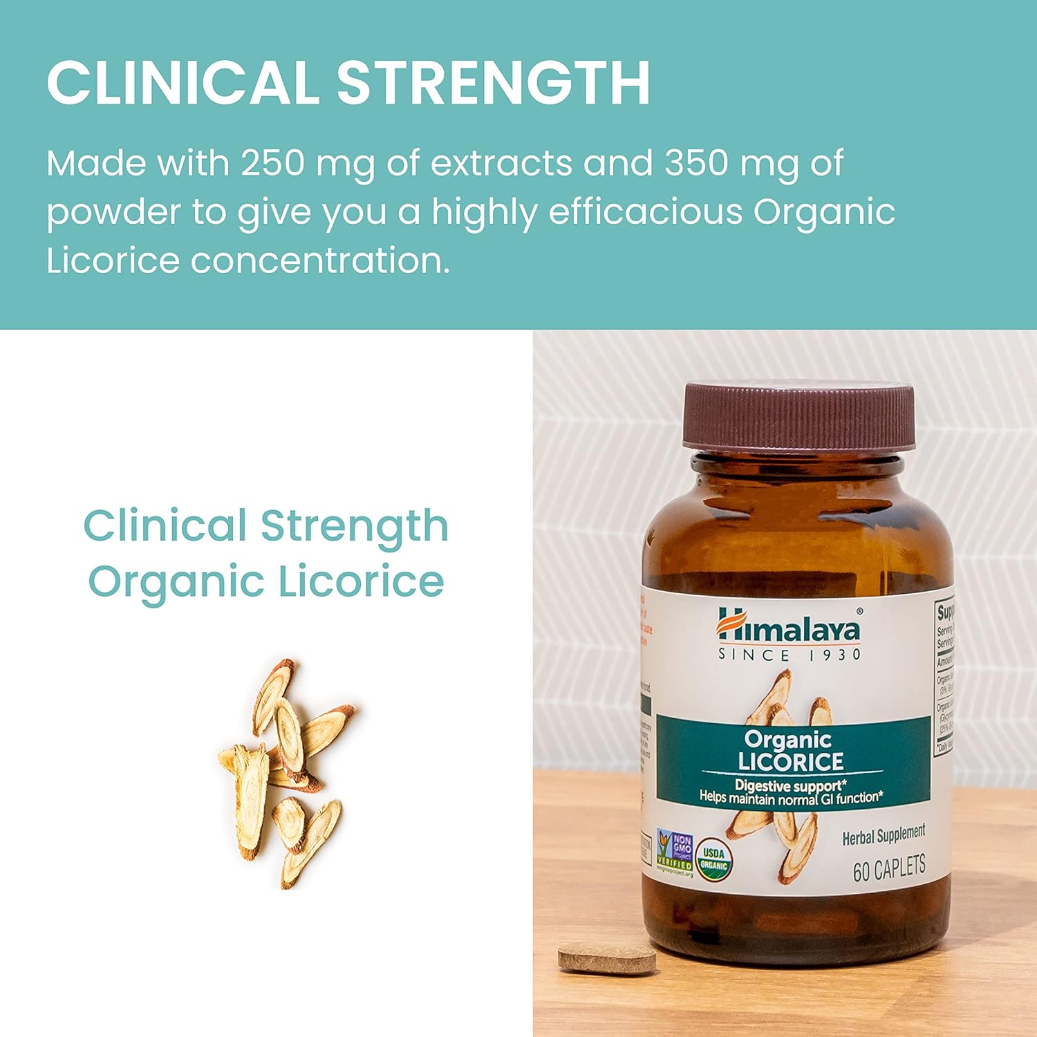 Himalaya Organic Licorice, 60 Day Supply - Digestive Health Supplement for Upset Stomach Relief and Occasional Bloating and Heartburn - USDA Organic, Vegan, Non-GMO, Non-DGL, Gluten Free, 60 Caplets