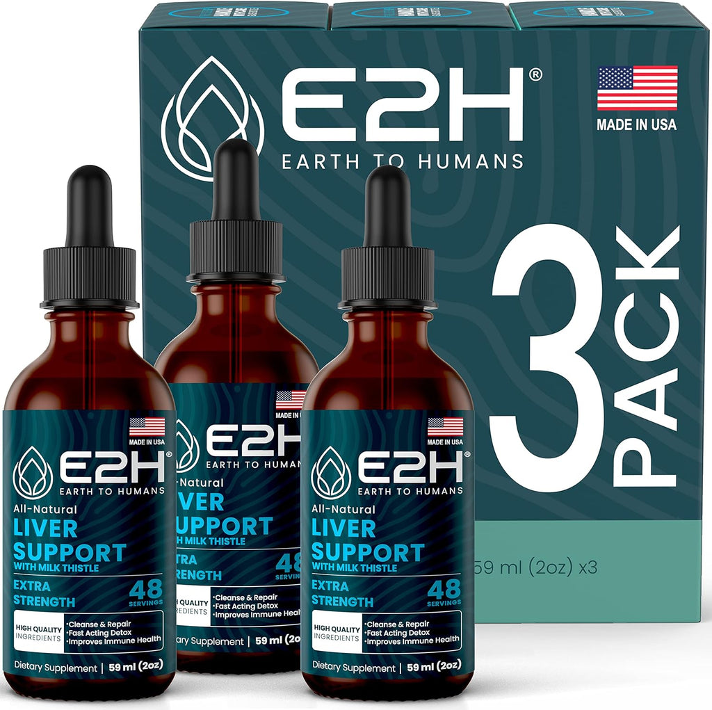 E2H Liver Support Supplement with Milk Thistle - Liver Cleanse Detox & Repair - Artichoke Extract, Dandelion Root, Chanca Piedra, and More - Absorbent Liquid Formula (3 Bottles)