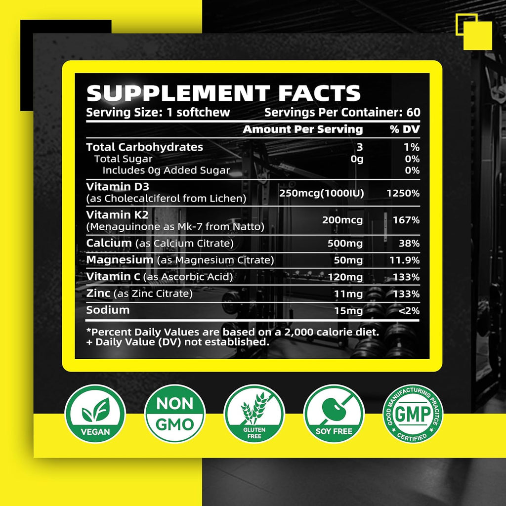 Sugar-Free Vitamin D3 K2 Chews with Calcium + K2 (MK-7), Magnesium Citrate, Vitamin C, Extra Strength - Ultimate Absorption for Bone Muscle Teeth Immune, Vegan - 60 Count-Pineapple Flavor