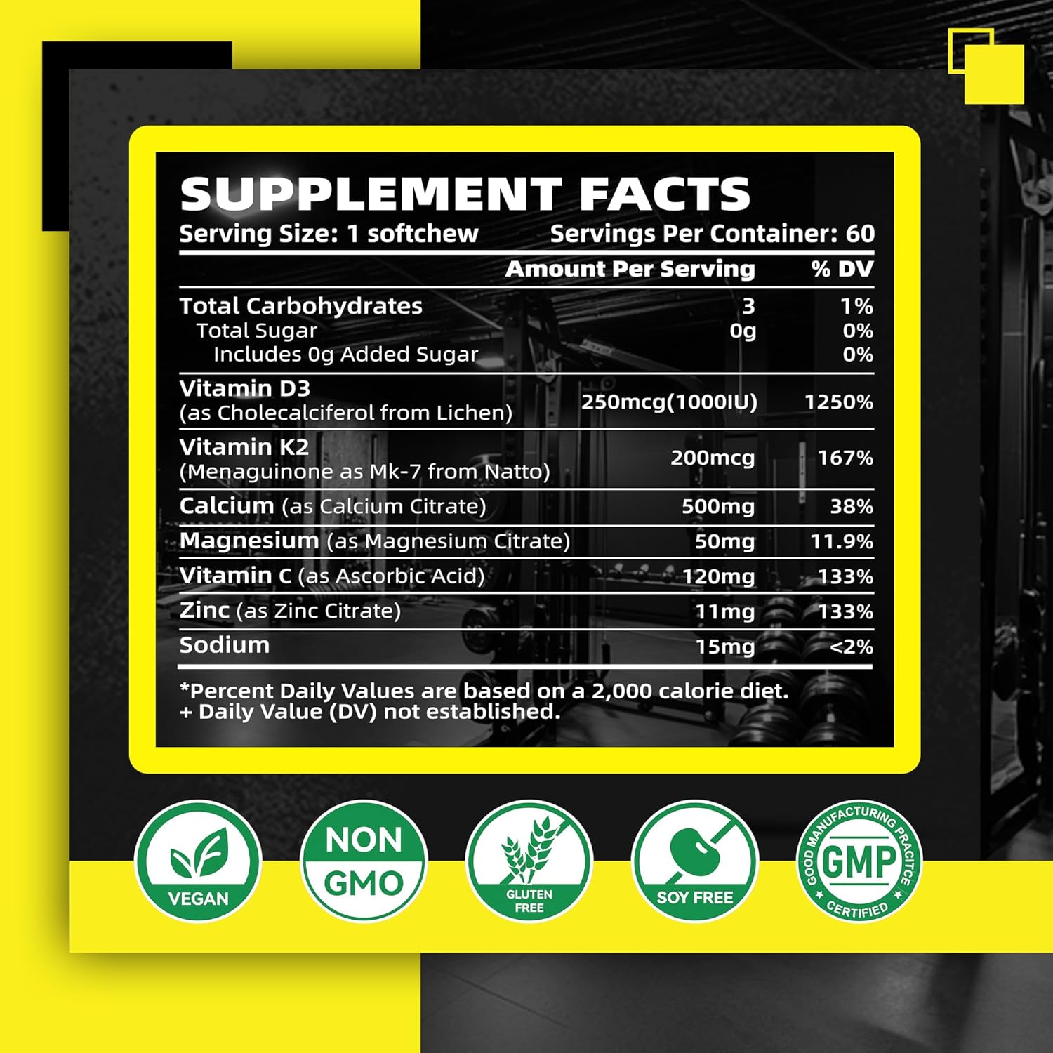 Sugar-Free Vitamin D3 K2 Chews with Calcium + K2 (MK-7), Magnesium Citrate, Vitamin C, Extra Strength - Ultimate Absorption for Bone Muscle Teeth Immune, Vegan - 60 Count-Pineapple Flavor