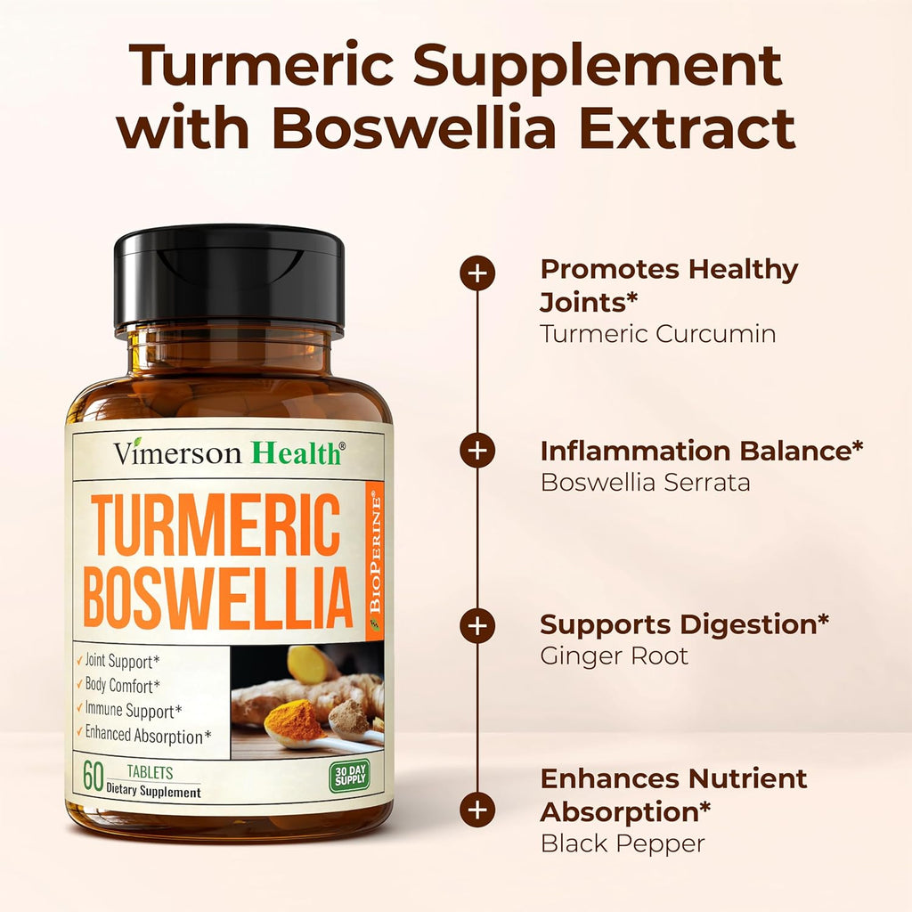 Turmeric Curcumin Supplement with Boswellia Serrata, Ginger Root, Organic Turmeric Powder & Black Pepper - 95% Curcuminoids Turmeric Supplement - 60 Gluten Free Tumeric Boswellia Extract Tablets
