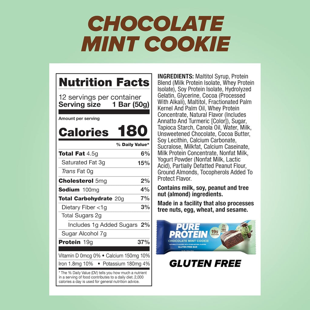 Pure Protein Bars, High Protein, Nutritious Snacks to Support Energy, Low Sugar, Gluten free, Chocolate Mint Cookie,1.76oz, 12 Count (Packaging May Vary)