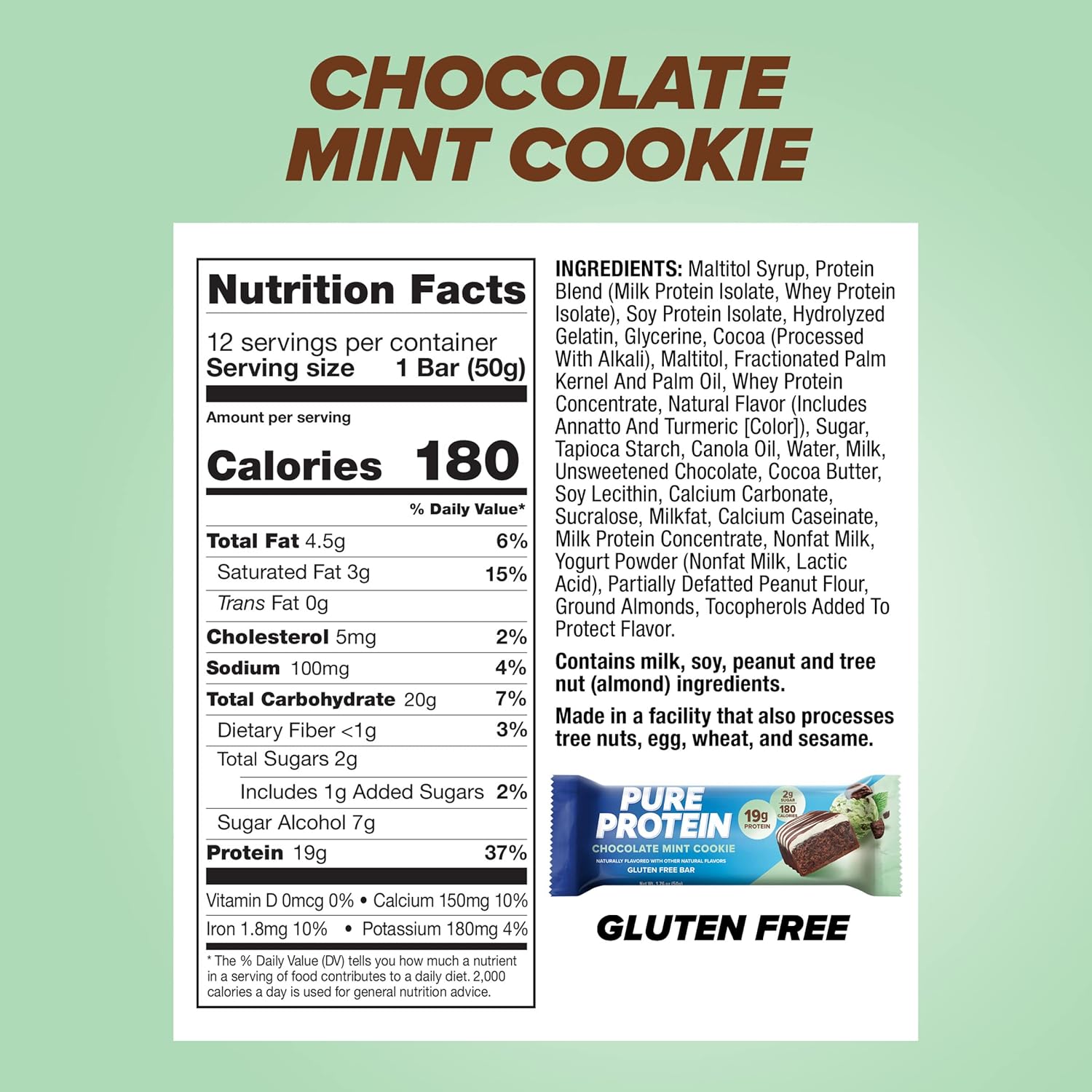 Pure Protein Bars, High Protein, Nutritious Snacks to Support Energy, Low Sugar, Gluten free, Chocolate Mint Cookie,1.76oz, 12 Count (Packaging May Vary)