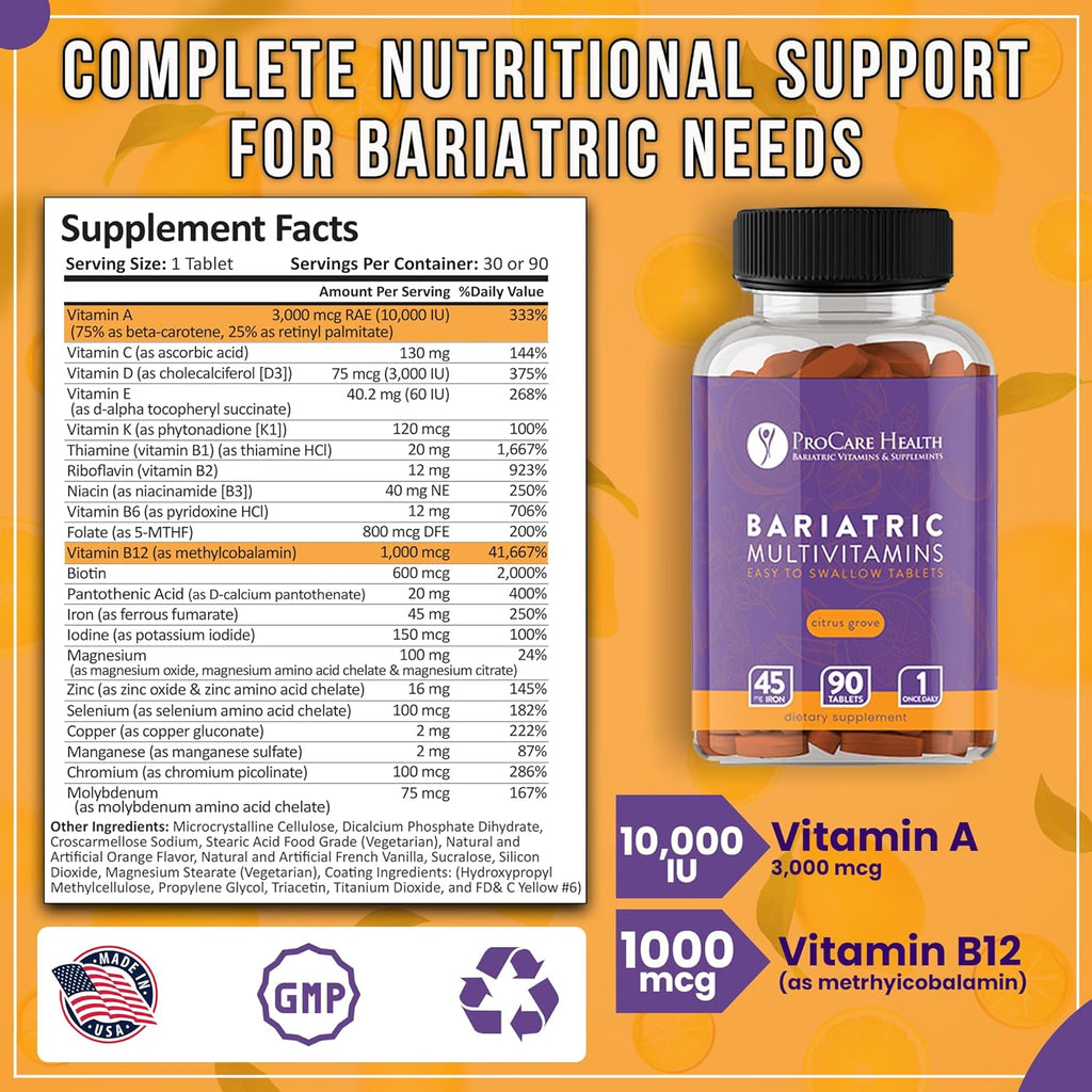 ProCare Health Bariatric Multivitamin with Iron 45mg (90 Easy to Swallow Tablets) - Post Op Bariatric Vitamins for Gastric Bypass Pills for Sleeve Patients, Sustains Recovery & Energy (3 Month Supply)
