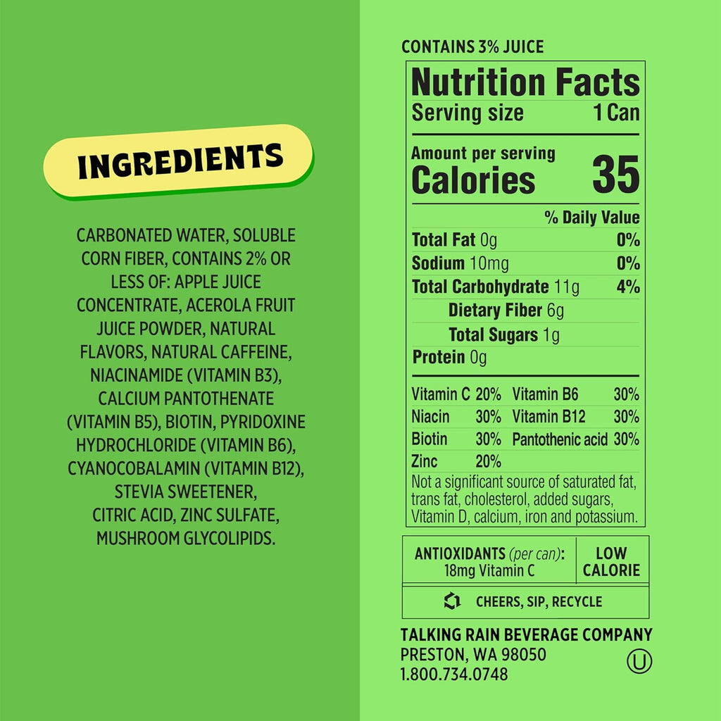 Popwell Lemon Lime Caffeinated Better-For-You Prebiotic Soda, with 6g Fiber, 1g Sugar, Vitamins and Immunity Support, 12 fl oz Cans (pack of 12)