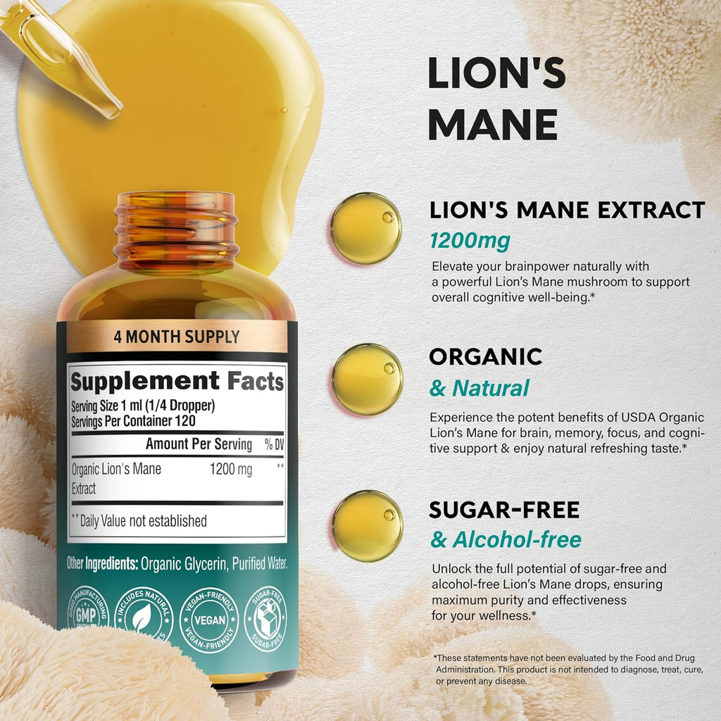 Lions Mane Liquid - USDA Certified Organic Lions Mane Supplement - Brain Support, Energy, Memory & Focus - Sugar & Alcohol-Free Lion's Mane Mushroom Extract 144,000 mg / Bottle, 4fl oz, 4 Month Supply