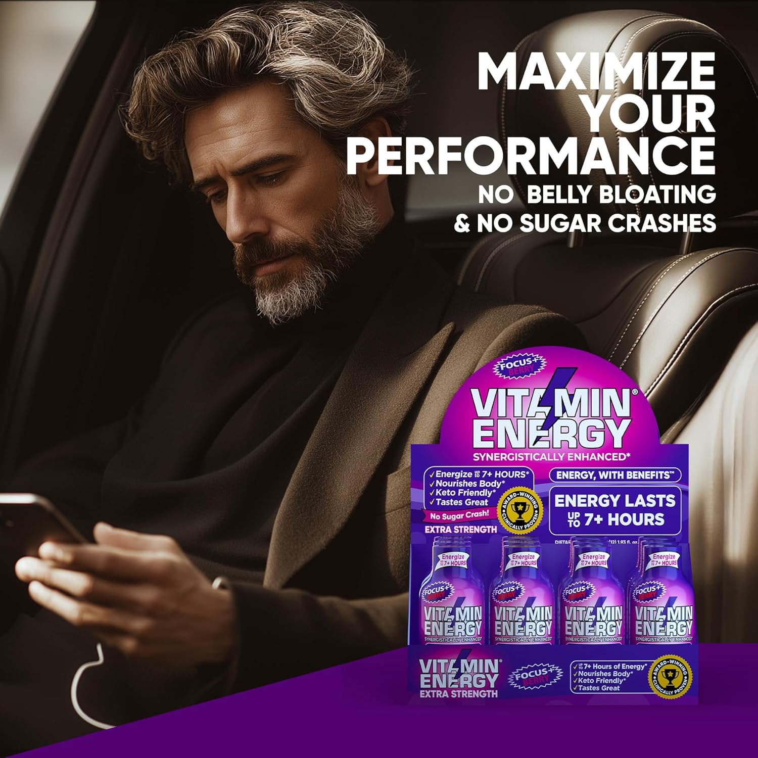 Vitamin Energy Focus+ Extra Strength Energy Shot Berry 10 Pack, 260mg Natural Caffeine, B-Vitamins, CoQ10, Amino Acids, Focus, Productivity & Clarity, Zero Sugar, Gluten-Free, 1.93 fl oz