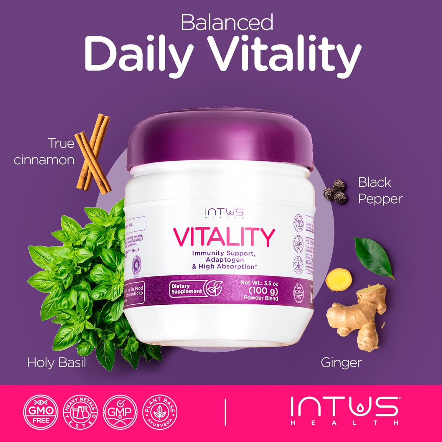 Intus Vitality – Ayurvedic Herbal Blend with Holy Basil, Cinnamon, Black Pepper & Ginger – Adaptogenic and Antioxidant Herbal Supplement for Vitality & Wellness – 3.5 oz