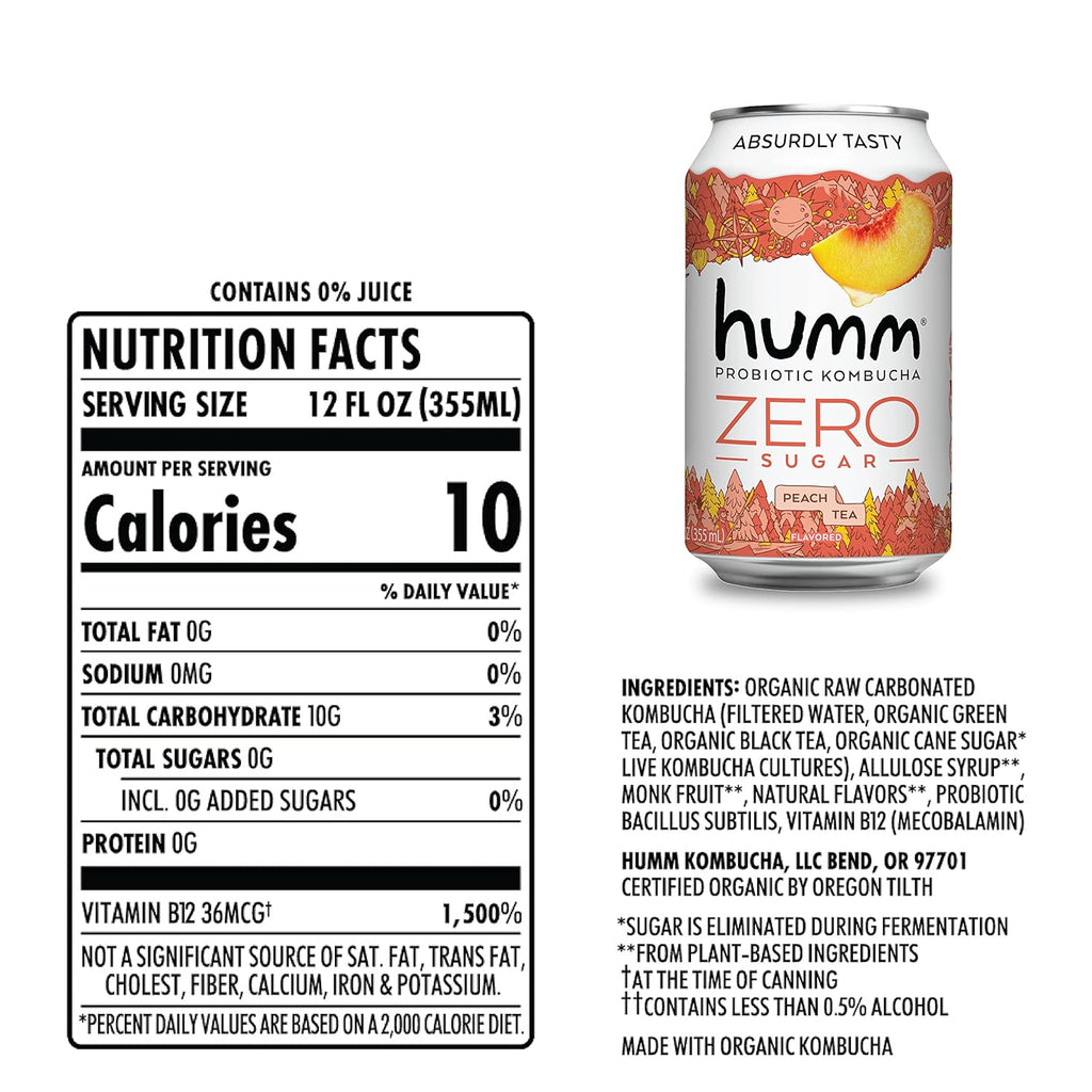 Humm Probiotic Kombucha Zero Sugar Peach Tea, No Refrigeration Needed, Keto Friendly, Organic, Vegan, Gluten Free, 12oz Cans (8 Pack)