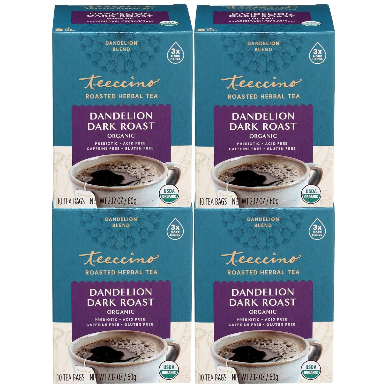 Teeccino Dandelion Tea – Dark Roast – Rich & Roasted Herbal Tea That’s Caffeine Free & Prebiotic with Detoxifying Dandelion Root, 10 Tea Bags (Pack of 4)