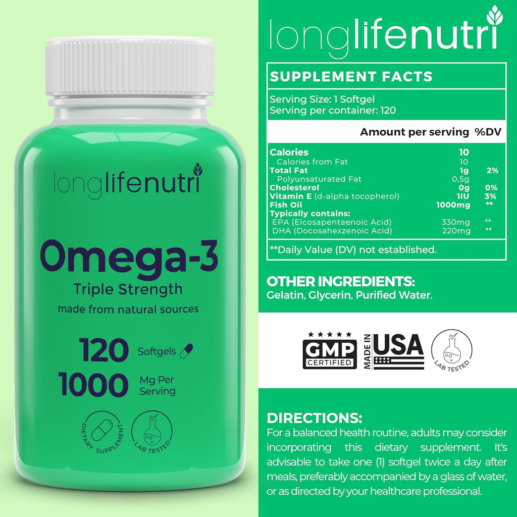 Omega 3 Fish Oil 1000mg - with High EPA & DHA, 120 Softgels, Fatty Acids Supplement for Cognitive Function, from Salmon, 4-Month Supply, GMP Certified, Made in USA