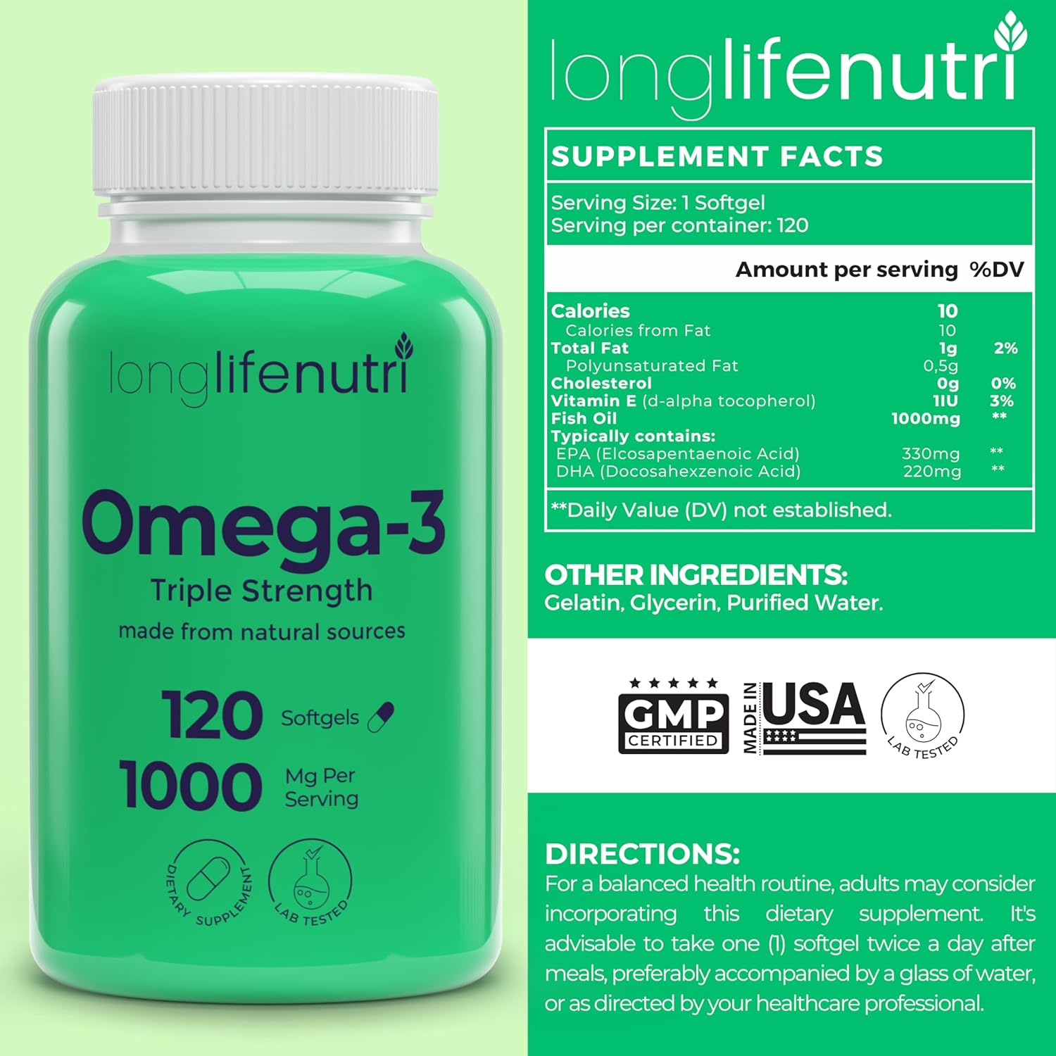 Omega 3 Fish Oil 1000mg - with High EPA & DHA, 120 Softgels, Fatty Acids Supplement for Cognitive Function, from Salmon, 4-Month Supply, GMP Certified, Made in USA