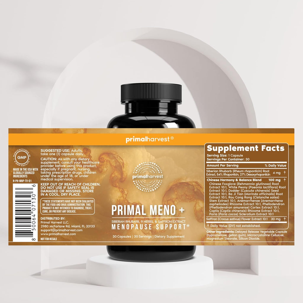 Primal Harvest Meno+ Menopause Support with Saffron & Chinese Herbs Support Mood, Menopausal Symptom Relief, & General Well-Being (1 Pack)