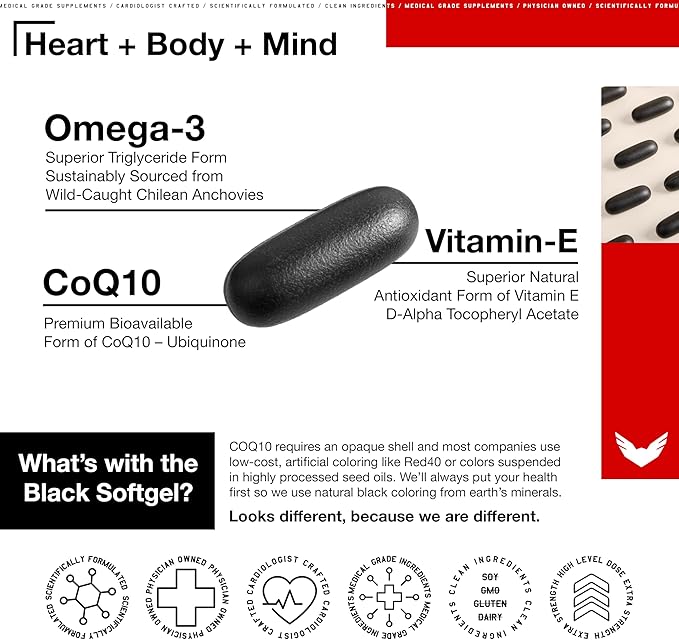 High Level Science CoQ10, Omega-3, Vitamin E - Cardiologist Formulated for Heart + Body + Mind Health with DHA/EPA, Antioxidant for Energy, Superior Bioavailable Fish Oil - Gluten Free
