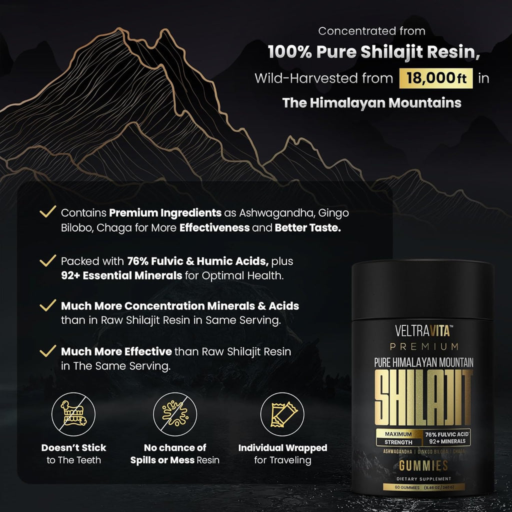 Pure Himalayan Shilajit Gummies with Ginkgo Biloba, Chaga & KSM-66 Ashwagandha | Shilajit for Men & Women |10000 mg Max Potency | 76%+ Fulvic Acid & 92+ Trace Minerals | Sugar Free