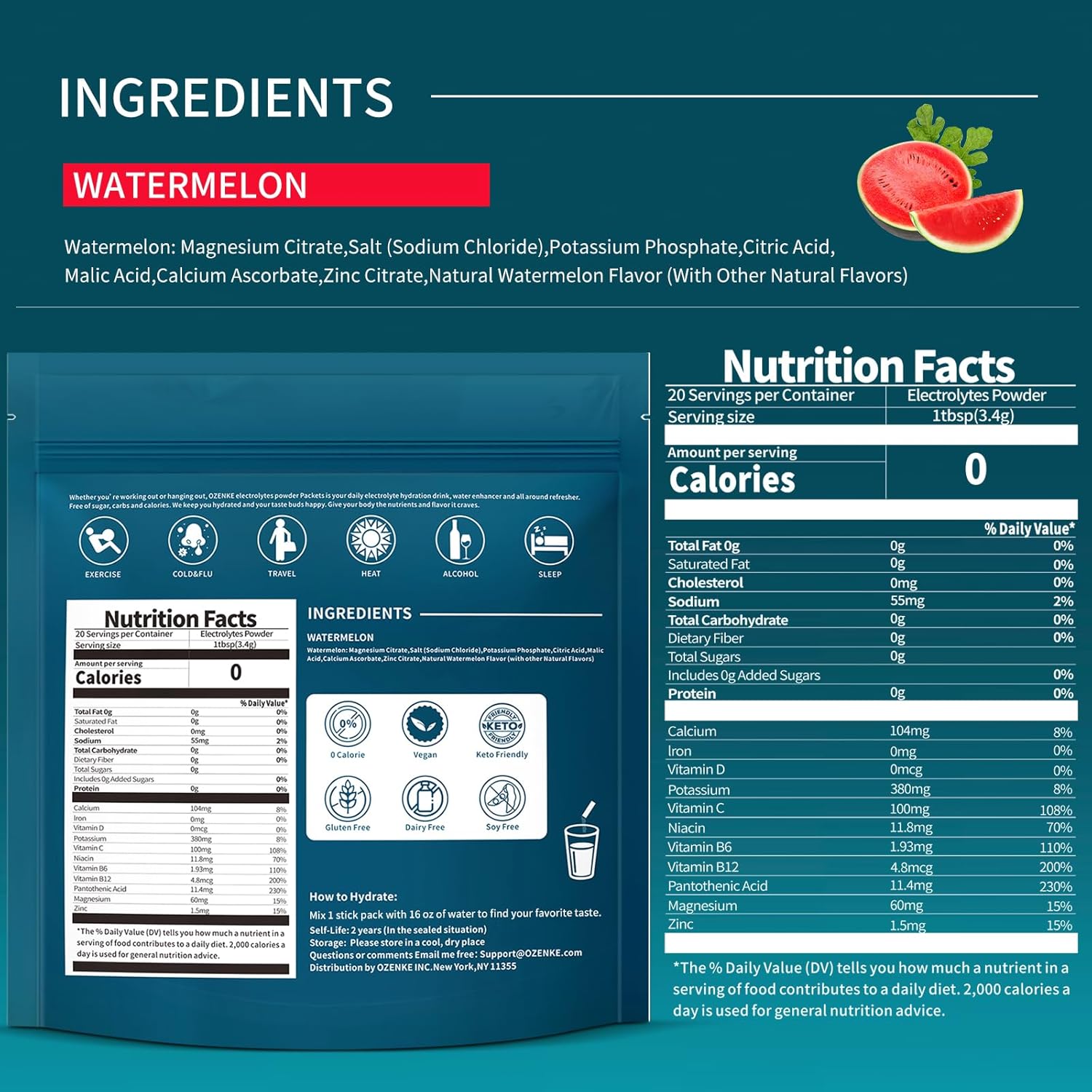 Electrolytes Powder Packets, Hydration Packets, Electrolytes Sugar Free, Portable Electrolyte Drink Mix for Rapid Hydration, No Sugar & Low Sodium | 0 Calorie | Watermelon Flavor | 20 Sticks