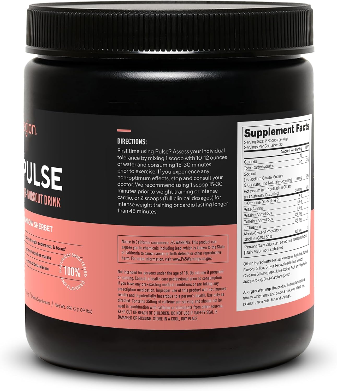 LEGION Pulse Pre Workout - All Natural Nitric Oxide Preworkout Drink to Boost Energy, Creatine Free, Naturally Sweetened, Beta Alanine, Citrulline, Alpha GPC (Rainbow Sherbet)