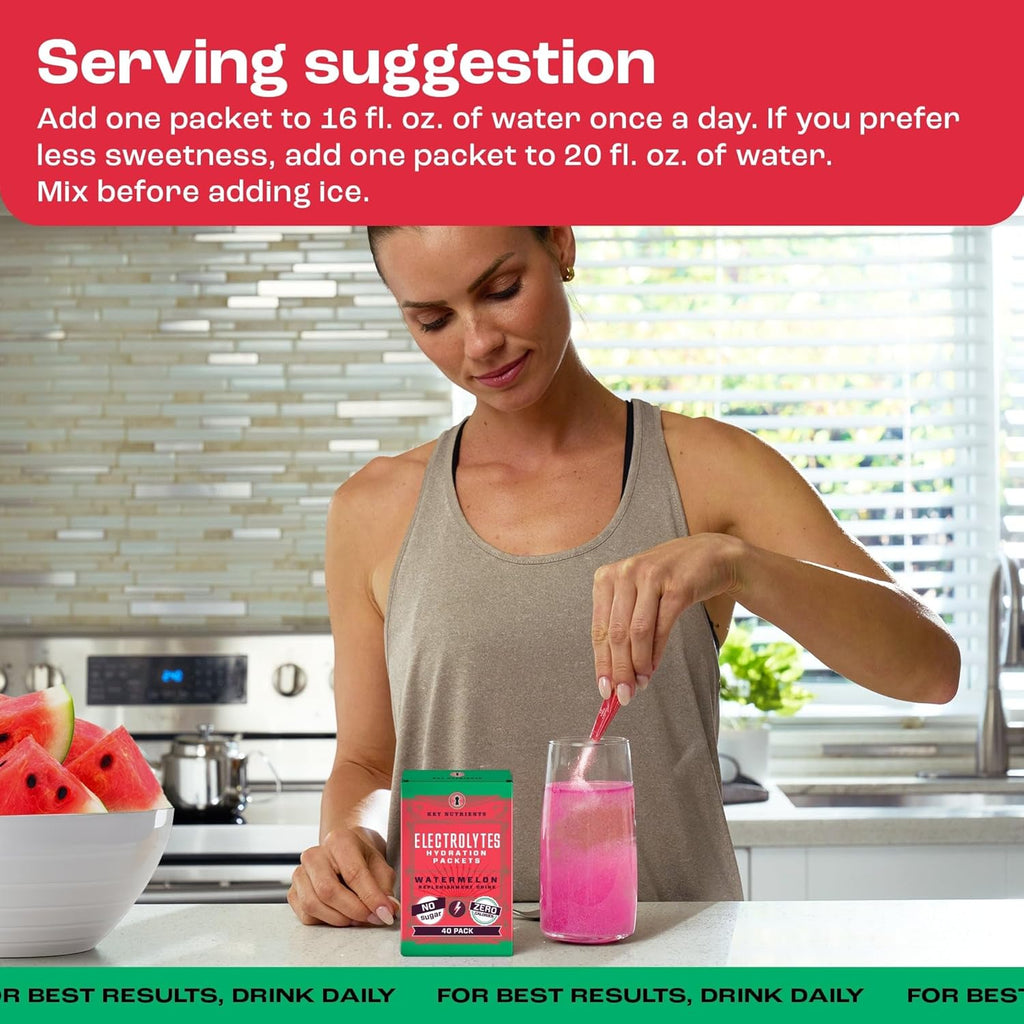 KEY NUTRIENTS Electrolytes Powder Packets - Refreshing Watermelon 40 Pack Hydration Packets - Travel Hydration Powder - No Sugar, No Calories, Gluten Free - Made in USA