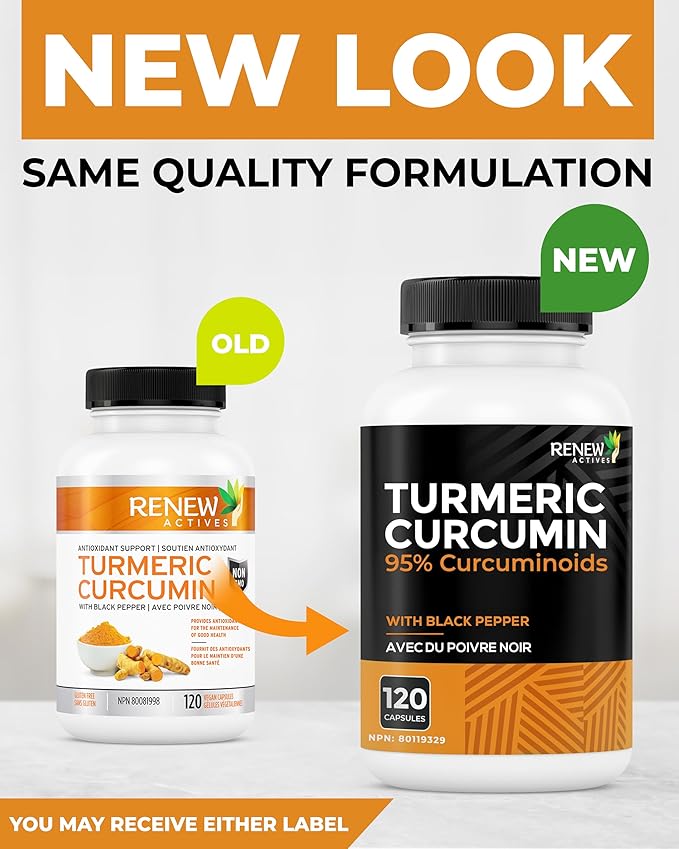 Renew Actives Turmeric Curcumin with Black Pepper – 600MG Turmeric Root, 100MG Curcuminoids per 2 Capsules – Supports Digestion, Liver Health, Joint Relief & Mobility – Made in Canada – 120 Capsules
