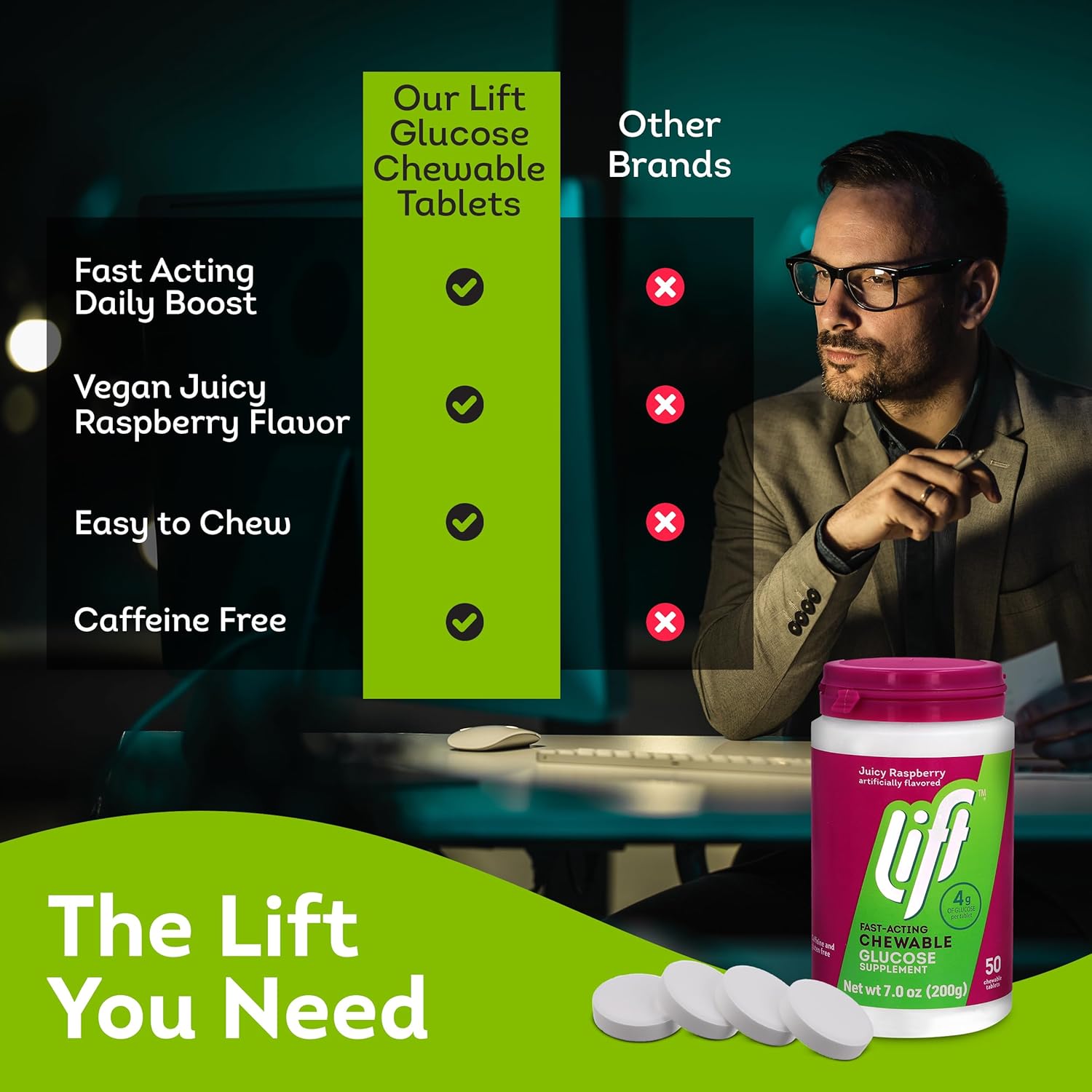 Lift Glucose | Fast-Acting Glucose Chewable Energy Tablets | Raspberry | 50 ct Jar (Pack of 6)