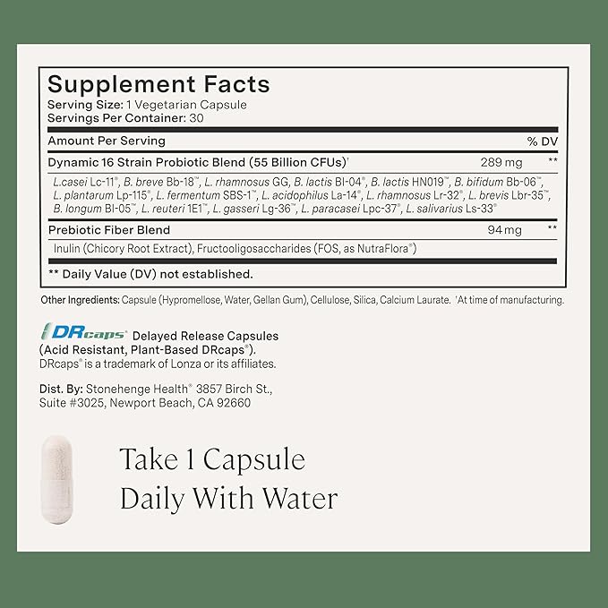 Stonehenge Health Probiotics 55 Billion CFU - 16 Strains, Prebiotic, Synbiotics Dynamic Biotics - Lactobacillus Acidophilus, Delayed Release, Shelf Stable, Non-GMO Gluten Free Veggie Capsule