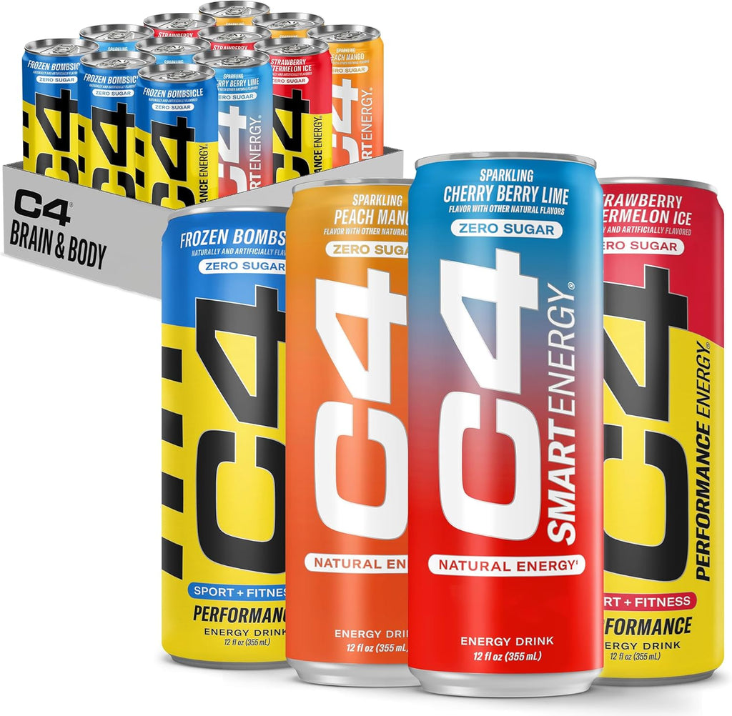 Cellucor C4 Performance & Smart Energy Drink Official Variety Pack | Zero Sugar Carbonated Preworkout Energy | 150+200mg Caffeine with Beta Alanine | 4 Flavors | 12 Fl Oz (12 Pack)