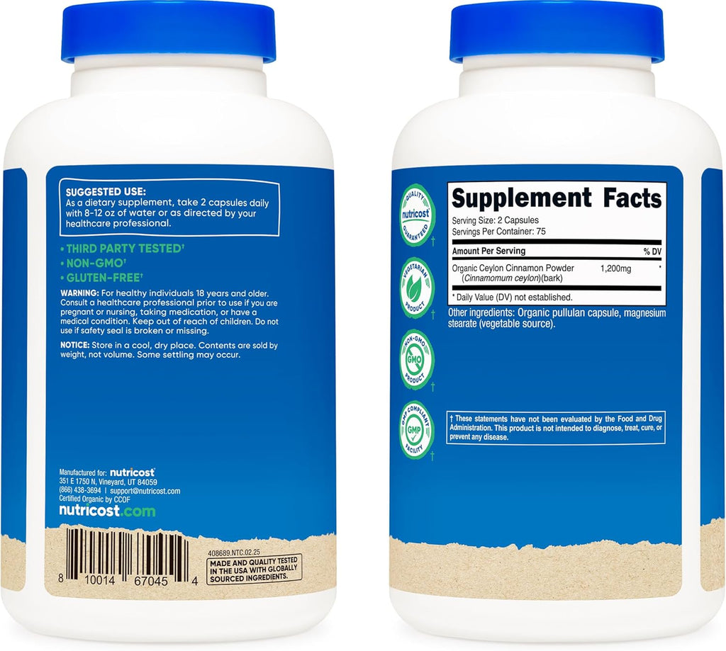 Nutricost Organic Cinnamon (Ceylon Cinnamon) 1,200mg Serving, 150 Capsules - Gluten Free, Non-GMO