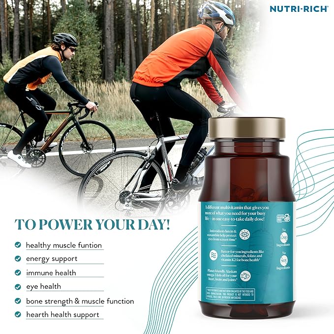 Nutri-Rich Essentials Multi | Multivitamin Supplement with Fish Oil Omega-3 for Men and Women, Supports Energy, Immune Health, Vitamin A, C, D3, E, K2, and Zinc, Non-GMO, Gluten Free (60 Count)