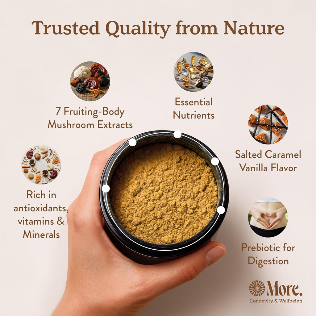 More. Longevity & Wellbeing Mushroom Coffee Superfood – 7 Functional Mushrooms with Lion’s Mane, Reishi, Chaga & Ashwagandha Extract, Instant Coffee Alternative with Prebiotics and Essential Vitamins for Focus & Energy, Salted Caramel Vanilla