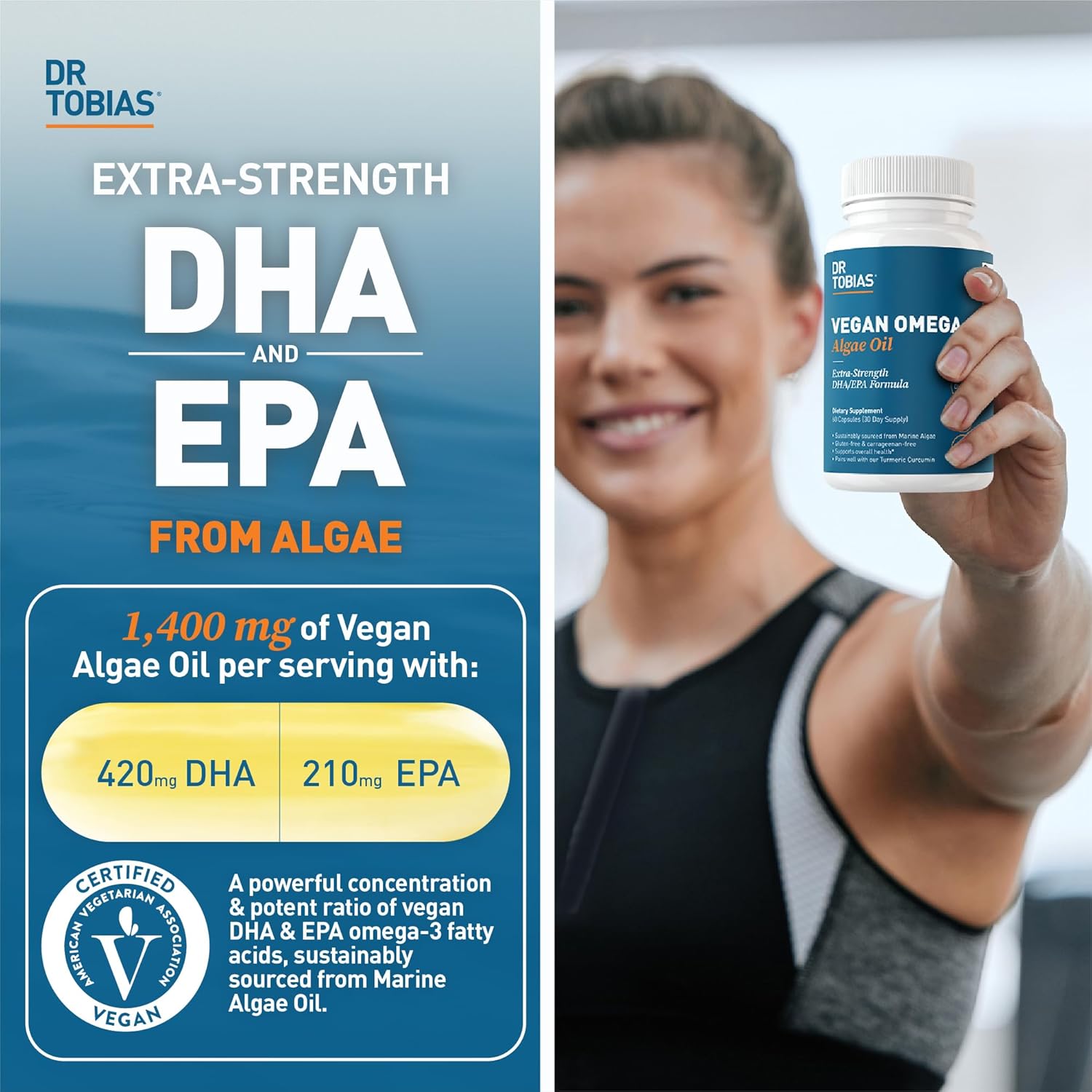 Dr. Tobias Vegan Omega 3 Supplement, 1400mg Algae Oil, 420mg DHA, and 210mg EPA per Serving, Non-GMO, Gluten-Free, Carrageenan-Free, 60 Capsules, 30 Servings