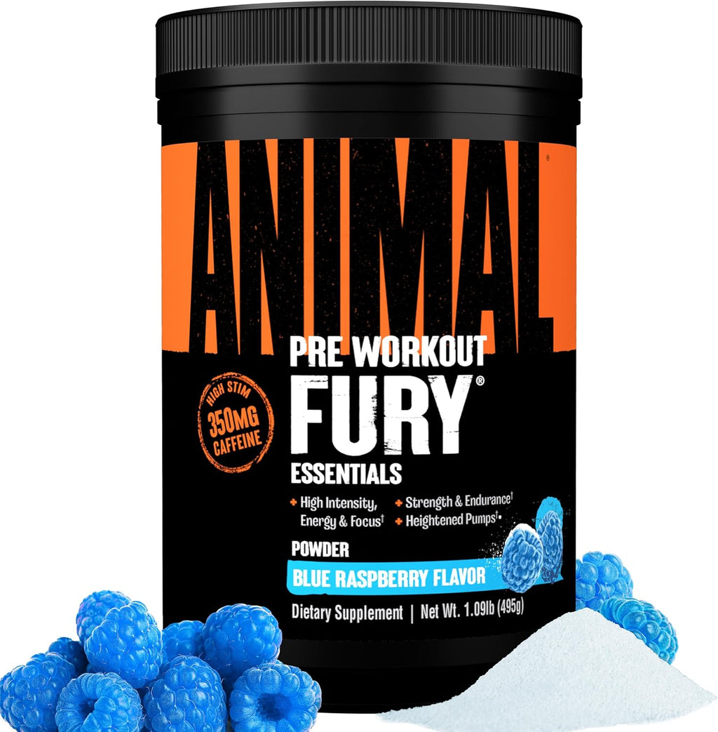 Animal Fury - Pre Workout Powder Supplement for Energy and Focus - 5g BCAA, 350mg Caffeine Nitric Oxide Without Creatine - Powerful Stimulant for Bodybuilders - Blue Raspberry