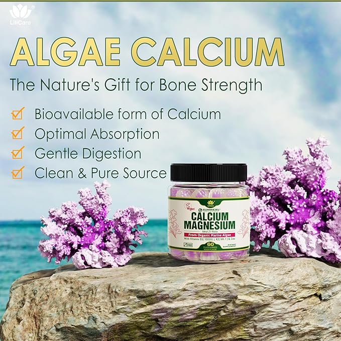 2 Pack - Plant Based Calcium Gummies 600mg with Vitamin D3 K2, Magnesium, Zinc for Bone Strength, Sugar Free Calcium Supplements for Women & Men (Certified Vegan) from Sustainably Organic Red Algae