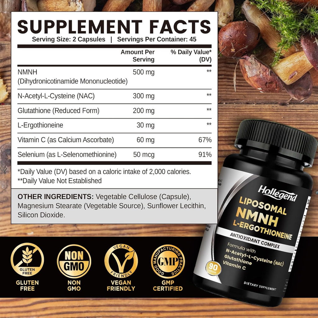 Liposomal NMNH & Ergothioneine Supplement, 6 in 1 Complex with NAC, Glutathione, Vitamin C & Selenium, for Women & Men, Healthy Aging, Antioxidant & Immune Support, 90 Capsules