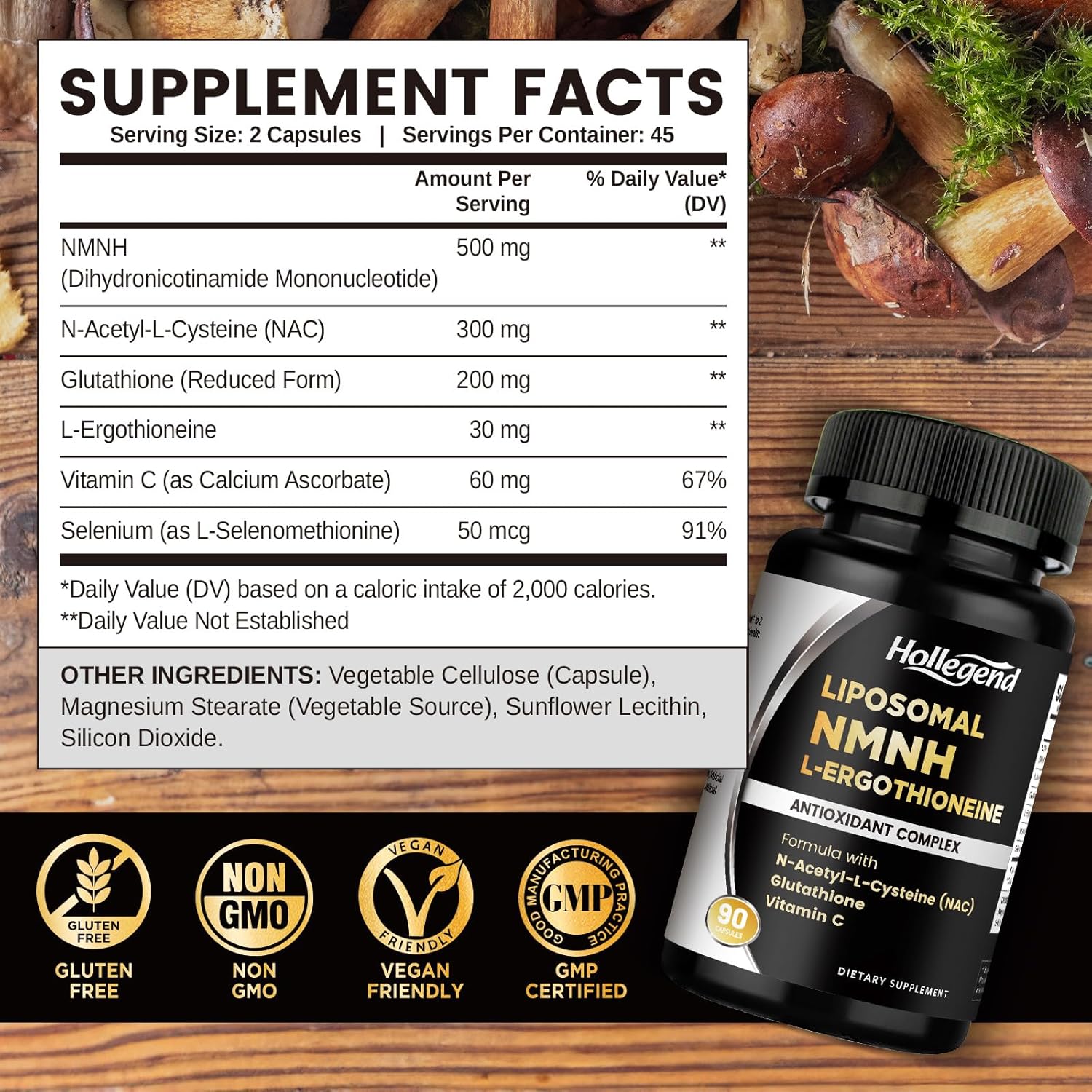 Liposomal NMNH & Ergothioneine Supplement, 6 in 1 Complex with NAC, Glutathione, Vitamin C & Selenium, for Women & Men, Healthy Aging, Antioxidant & Immune Support, 90 Capsules