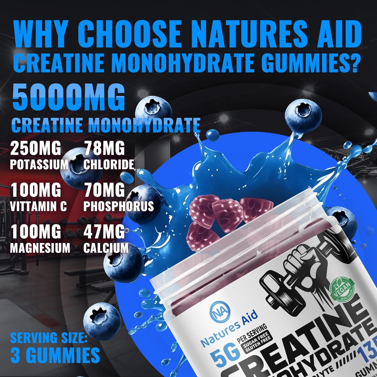 Creatine Monohydrate Gummies (5g) – Pre-Workout Energy & Muscle Growth Support for Men & Women | Blueberry Electrolyte Gummies (135 Count)