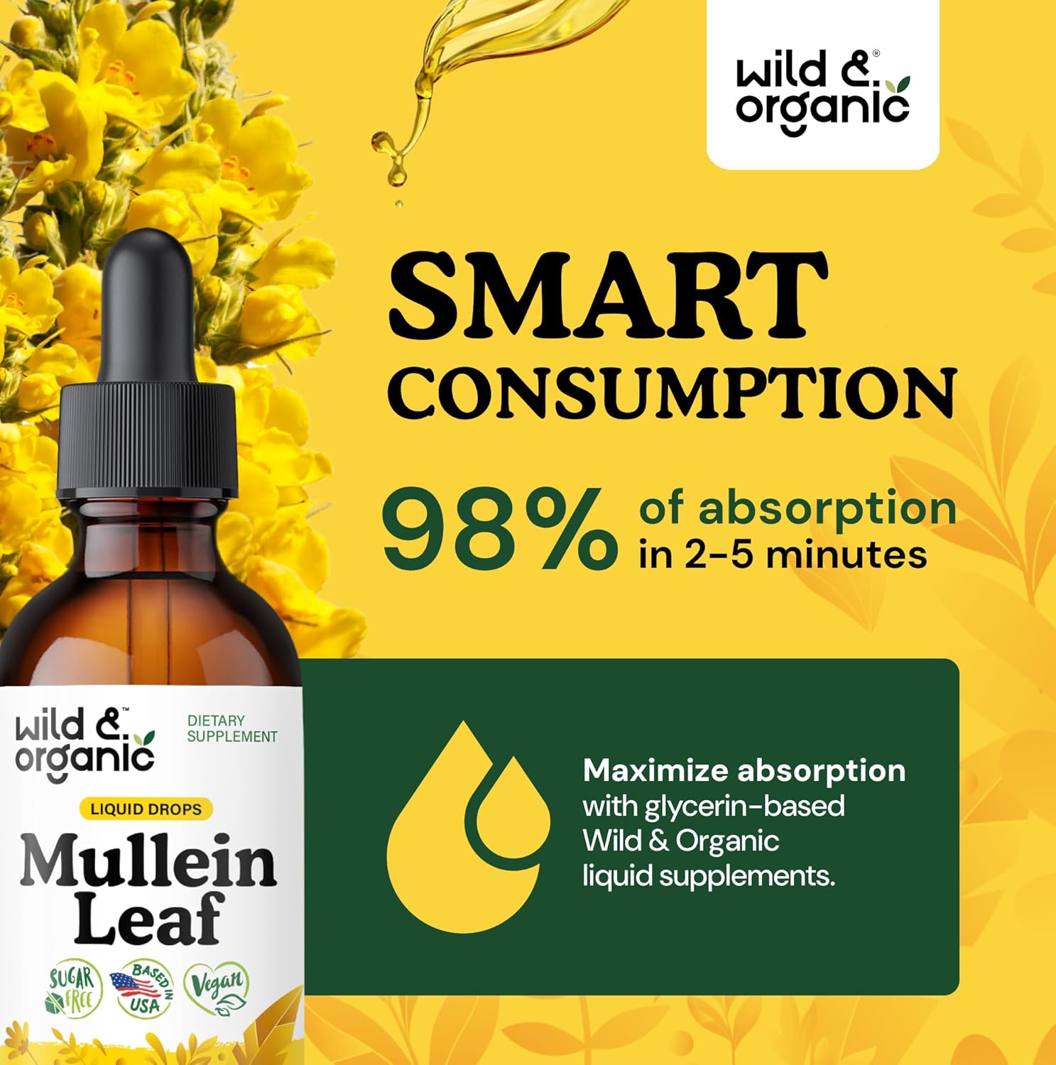 Wild & Organic Mullein Drops for Lungs - Lung Detox and Cleanse - Liquid Mullein Leaf Tincture with Echinacea & Licorice Root - Vegan, Sugar & Alcohol-Free Extract Supplement - 2 fl oz