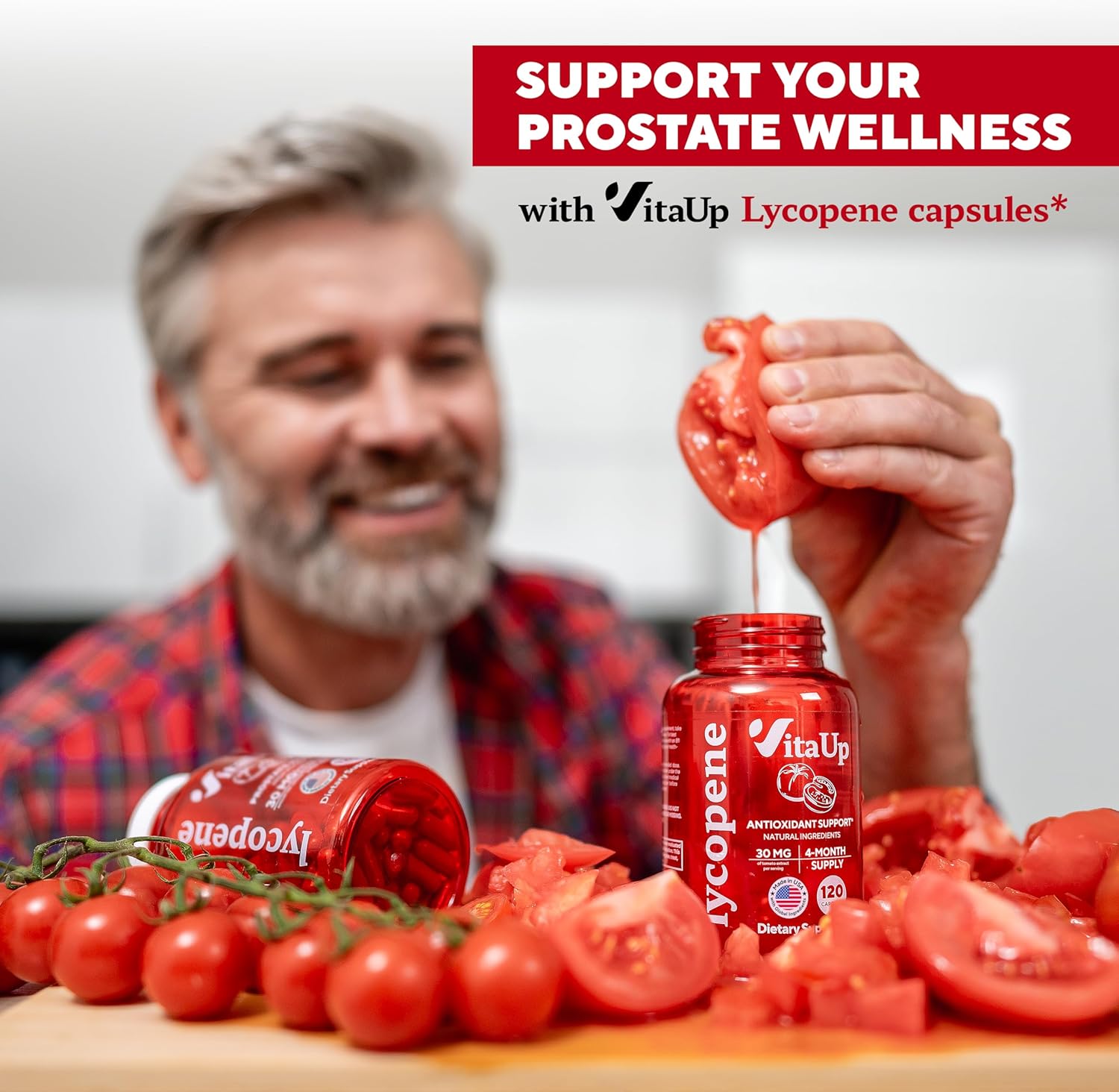 Lycopene Supplements for Men - USA Made Prostate Supplements for Men with Natural Tomato Extract - Non-GMO Lycopene Supplement for Prostate, Skin & Antioxidant Support - 120 Count