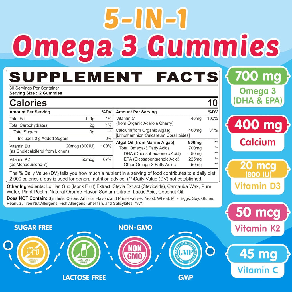 Kids Omega 3 Gummies with Calcium, Vitamin D3 & K2, C, Omega-3 DHA Gummies for Focus and Memory, Bone Health & Immune Support, Kids Omega3 Supplement - No Fish Taste, Non-GMO, Chewable, 60 Counts