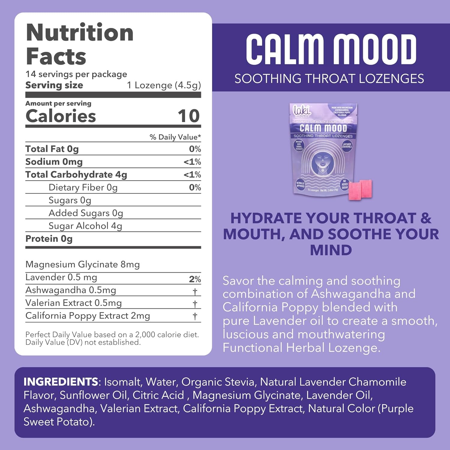 Laki Naturals Lavender Chamomile Calm Mood Functional Herbal Lozenges (2 Pack) Throat & Mood Calming Hard Candies with Magnesium, Ashwagandha, California Poppy & Valerian