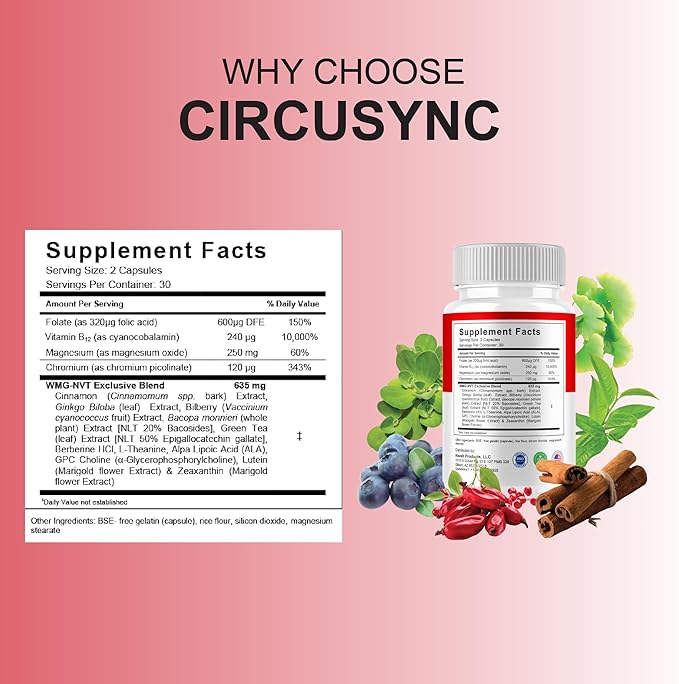 BLUE VIBE Circusync Capsules, Circu Sync Advanced Daily Multivitamin Health Support and All Natural Wellness Supplement Formula, Circusync Health and Blood Support Formula (3 Pack - 180 Capsules)